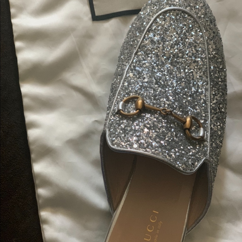 Gucci sandals. Silver sparkles and multi color.